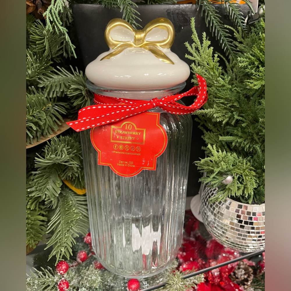 Gold Bow Ribbon Glass Storage Jar Candy Jar Canister Coquette Holiday NWT